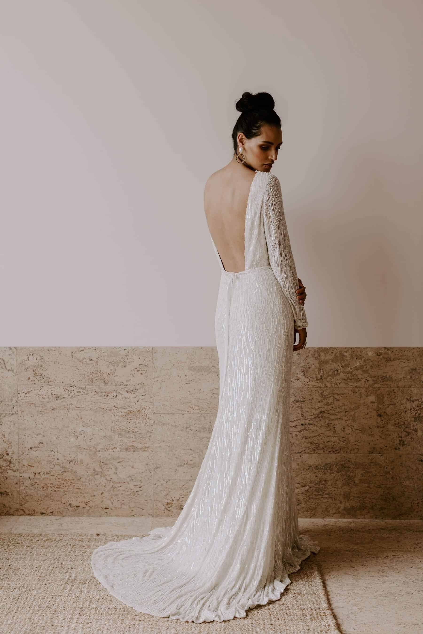 long sleeve backless sequinned wedding dress
