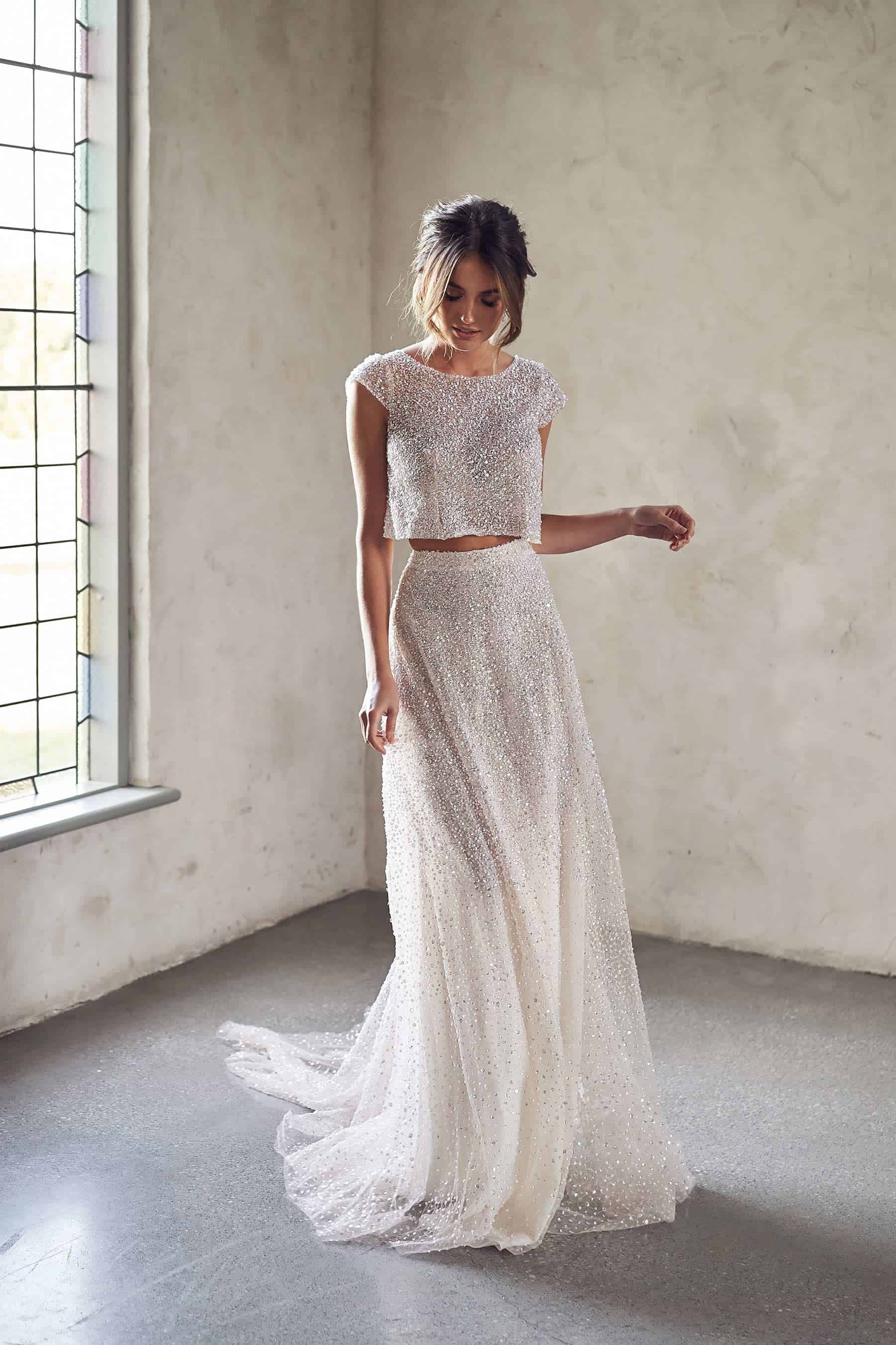 two piece sequinned wedding dress with crop top