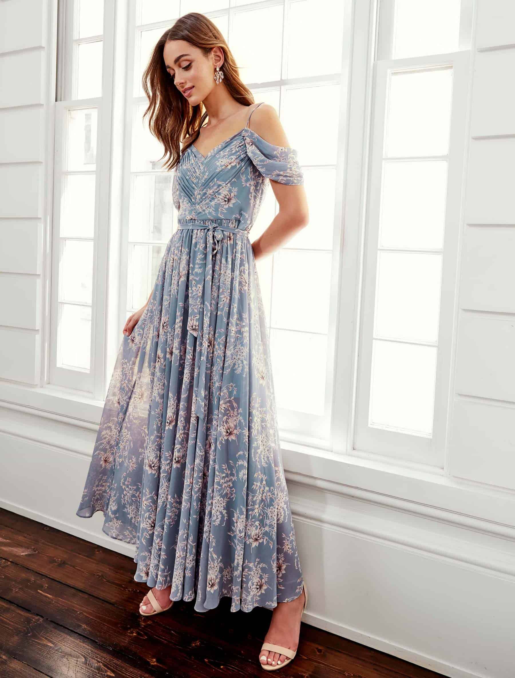 floral print cold-shoulder blue maxi dress