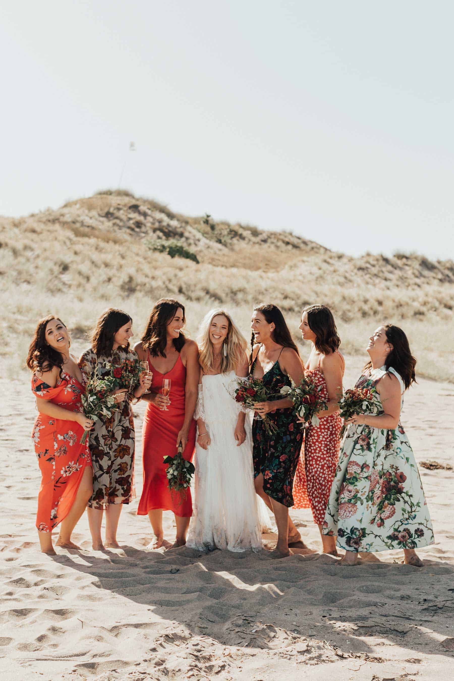 floral print mismatched red bridesmaid dresses