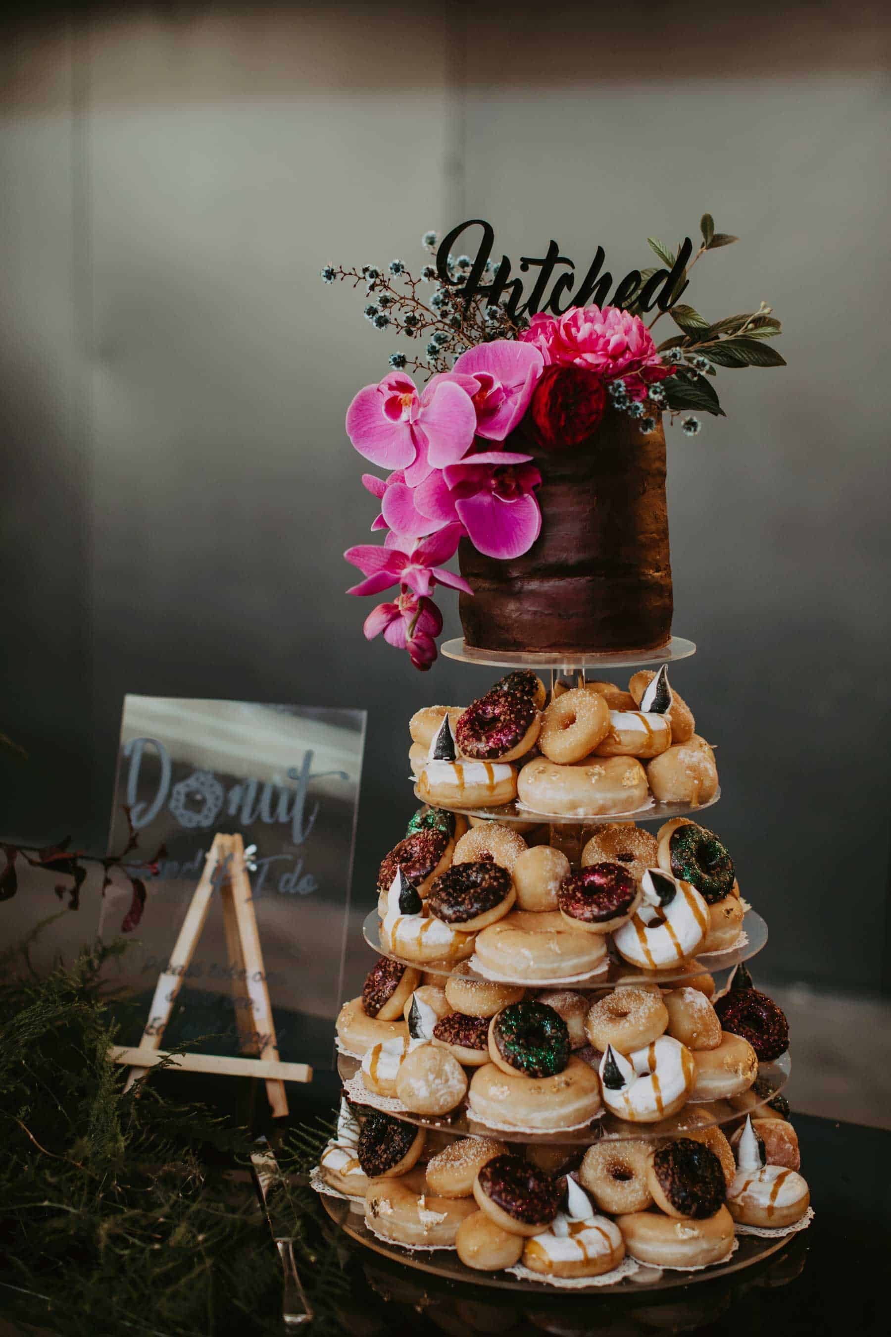 donut wedding cake with top tier cake