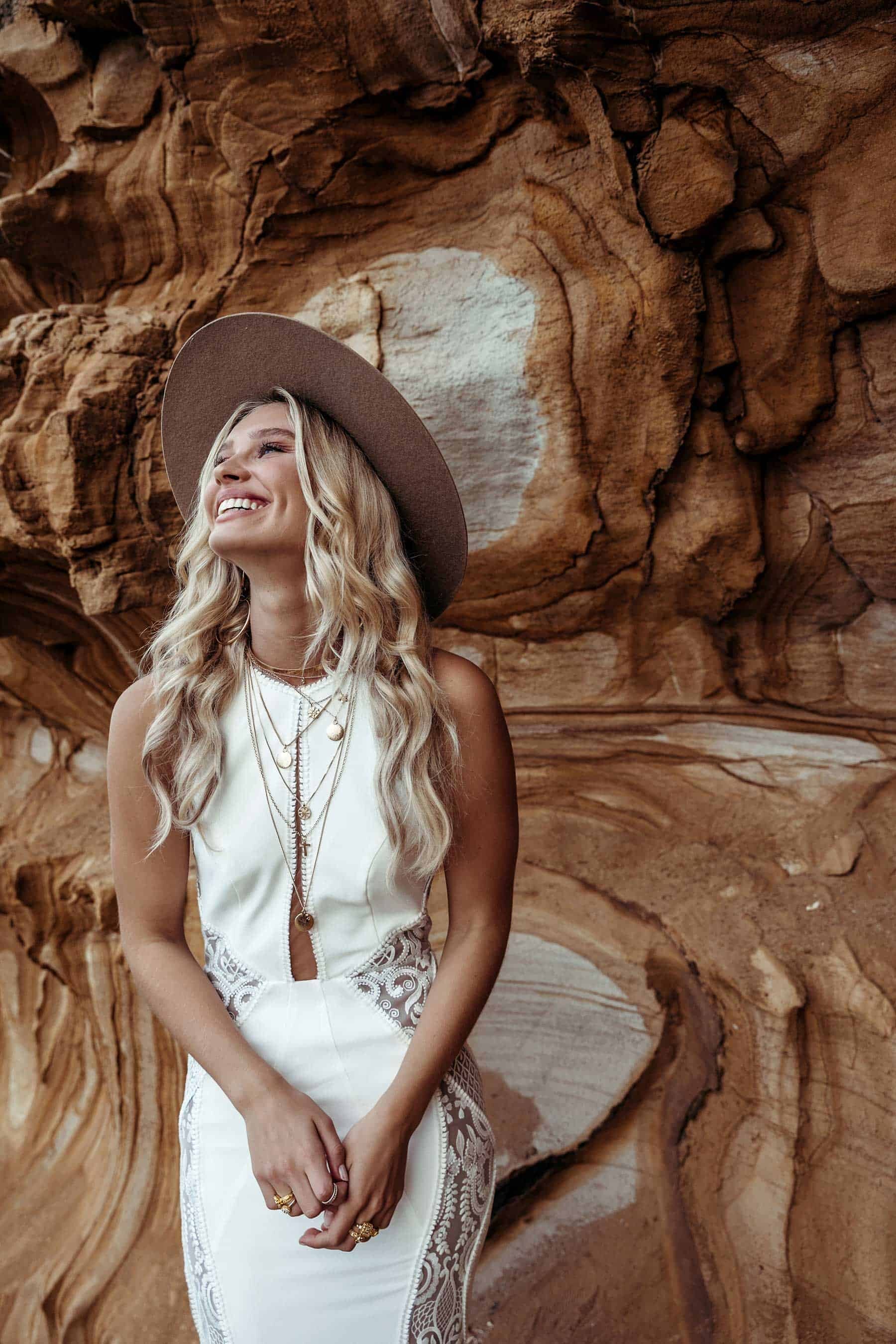 modern boho wedding dress with lace panel detail