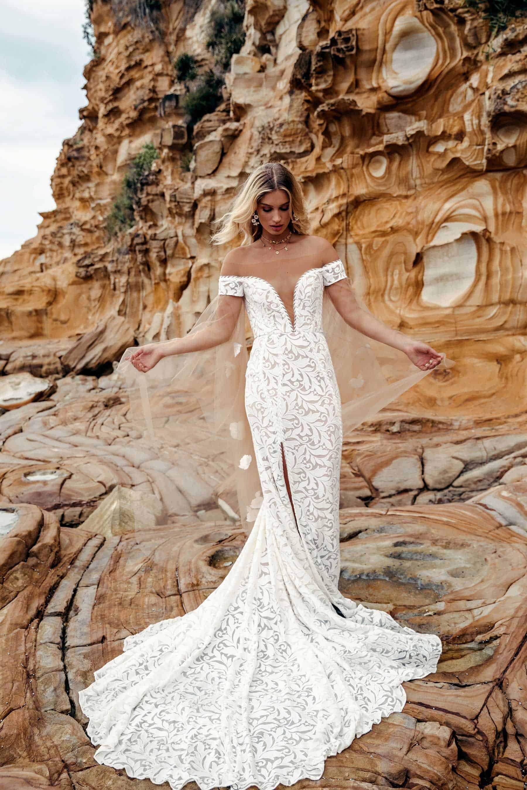 off-shoulder lace wedding dress