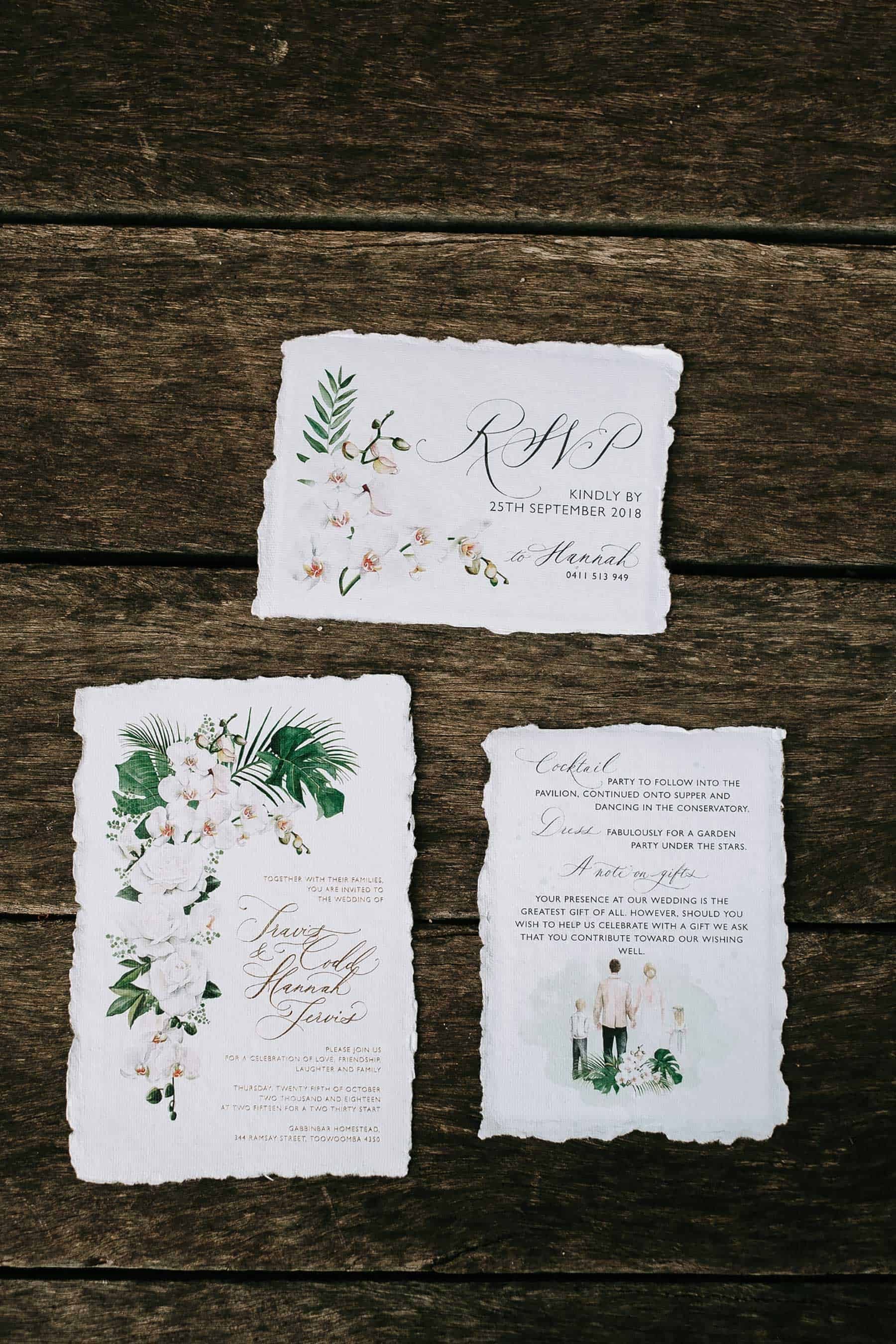 watercolour illustrated wedding invitations on rag paper