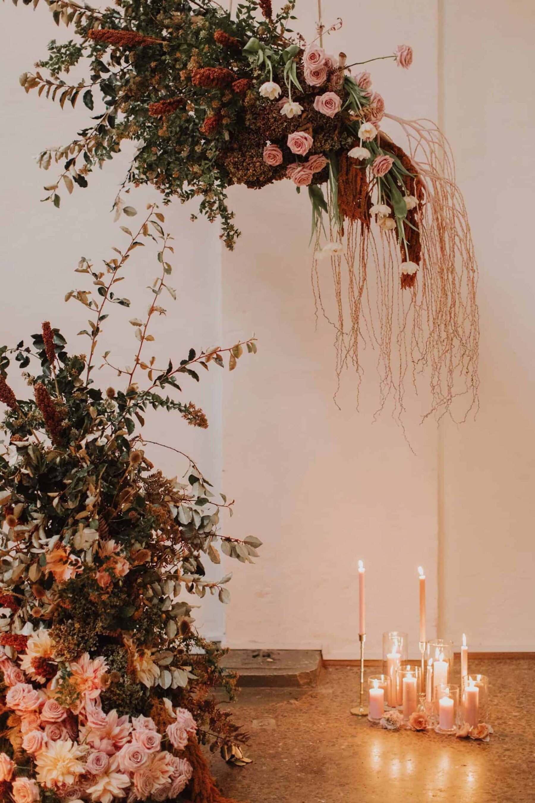 organic hanging floral installation wedding backdrop