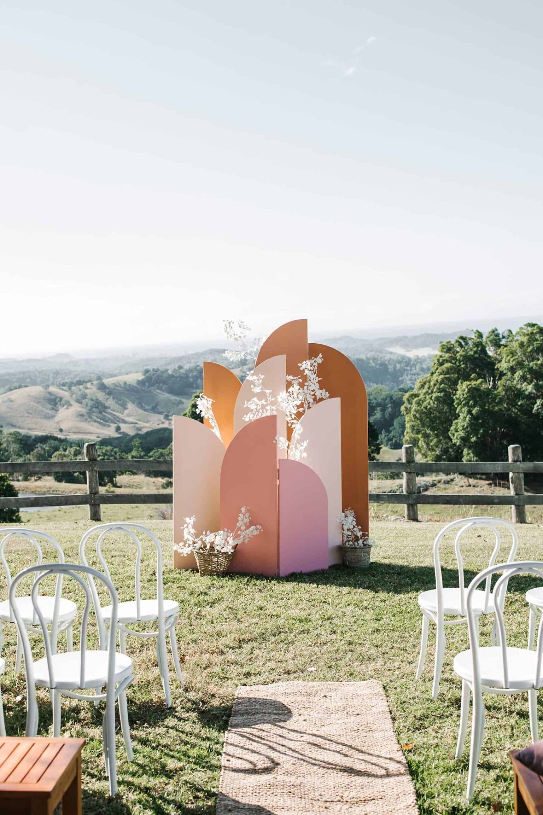 pink and peach geometric wedding backdrop